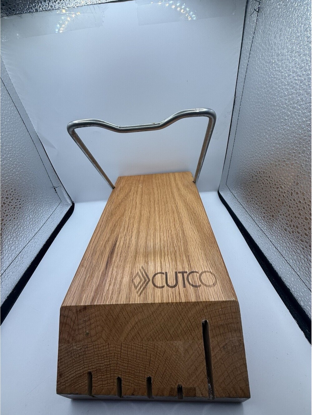 Cutco Space Saver Knife Block 5-Slot Wood Honey Oak Hang or Sit Metal Bar New